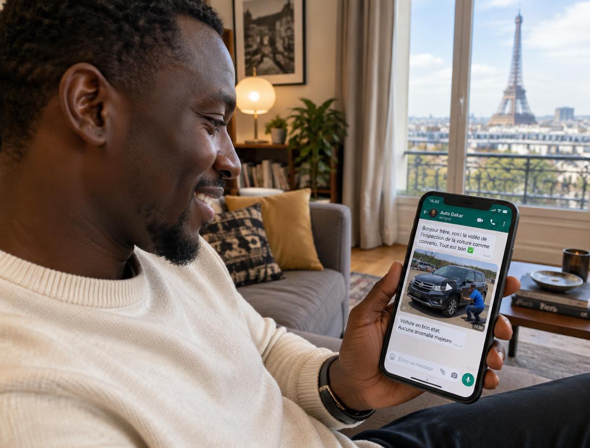 Cliente à Paris recevant la vidéo d’inspection sur WhatsApp